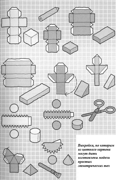 Выкройки, по которым из цветного картона могут быть изготовлены модели простых геометрических тел